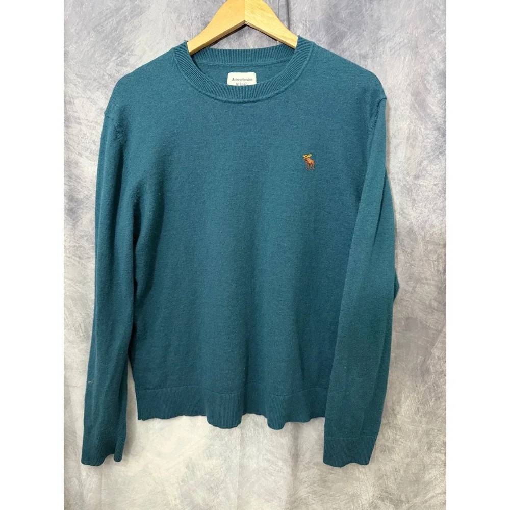 Abercrombie & Fitch Mens XL Teal Blue Cotton Merino Wool Crewneck Moose Sweater